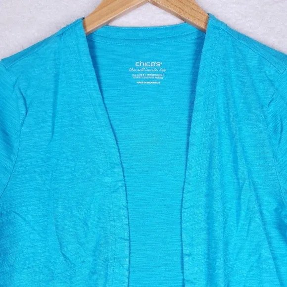 Chico's Open Front Cardigan Small Blue Long Sleeve Asymmetrical Hem Layering - Picture 2 of 10